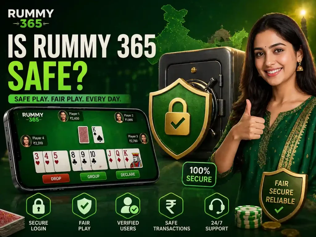 Rummy 365 safety review image with green secure gaming theme, smartphone rummy interface, shield and lock icons, Indian player, safe transactions concept, 4:3