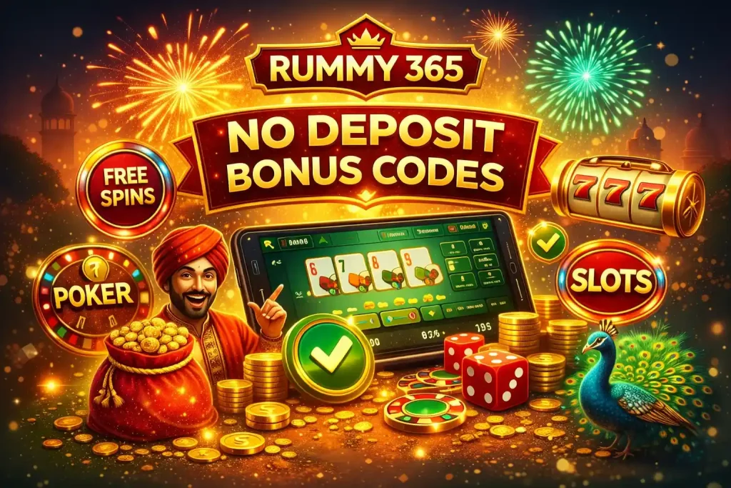 Rummy 365 no deposit bonus promotion image with mobile rummy game, gold coins, free spins icons, and vibrant Indian-style casino elements