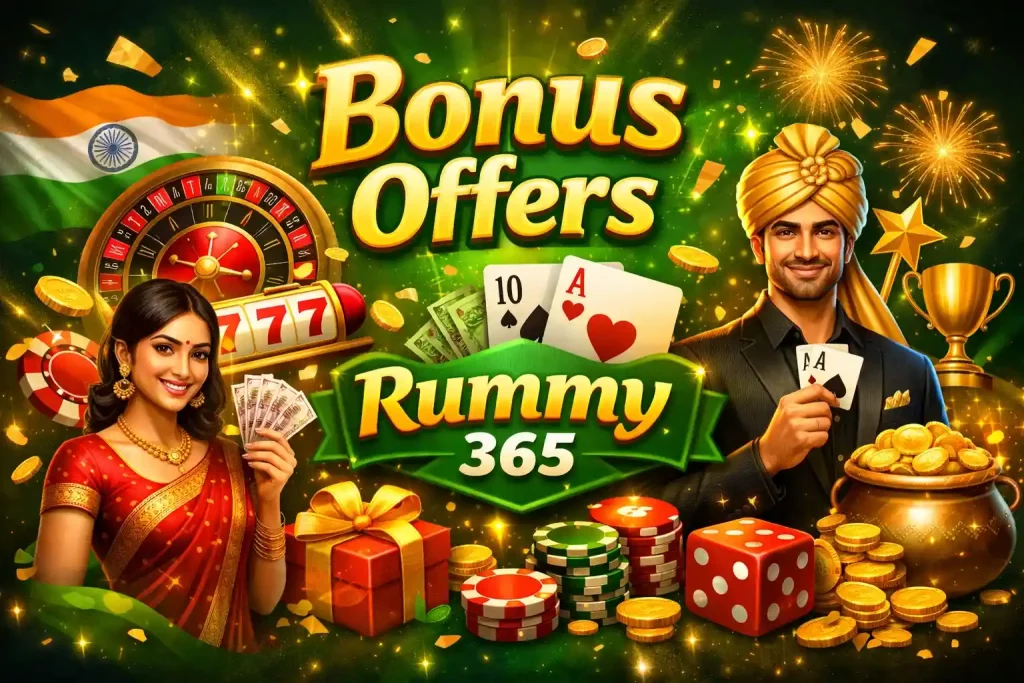 Rummy 365 Bonus Offers illustration featuring gold coins, gift box, poker chips, playing cards, roulette wheel, dice and festive India-inspired casino visuals in a bright green and gold design.