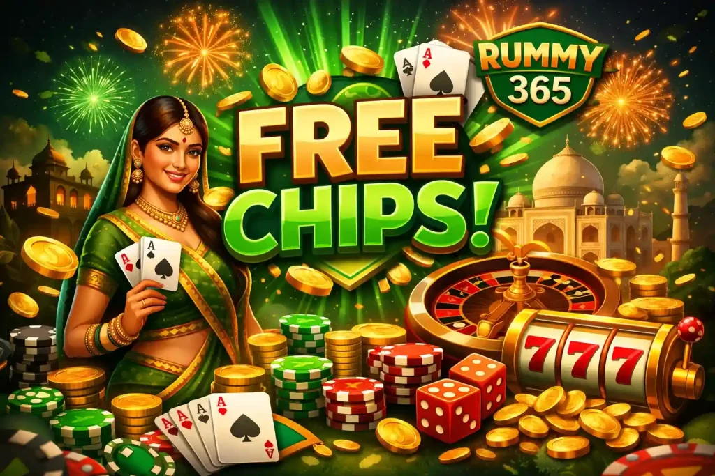 365 Free Chips illustration featuring gold coins, green poker chips, cards, roulette wheel, slot machine and festive India-inspired casino visuals in a bright green and gold design.