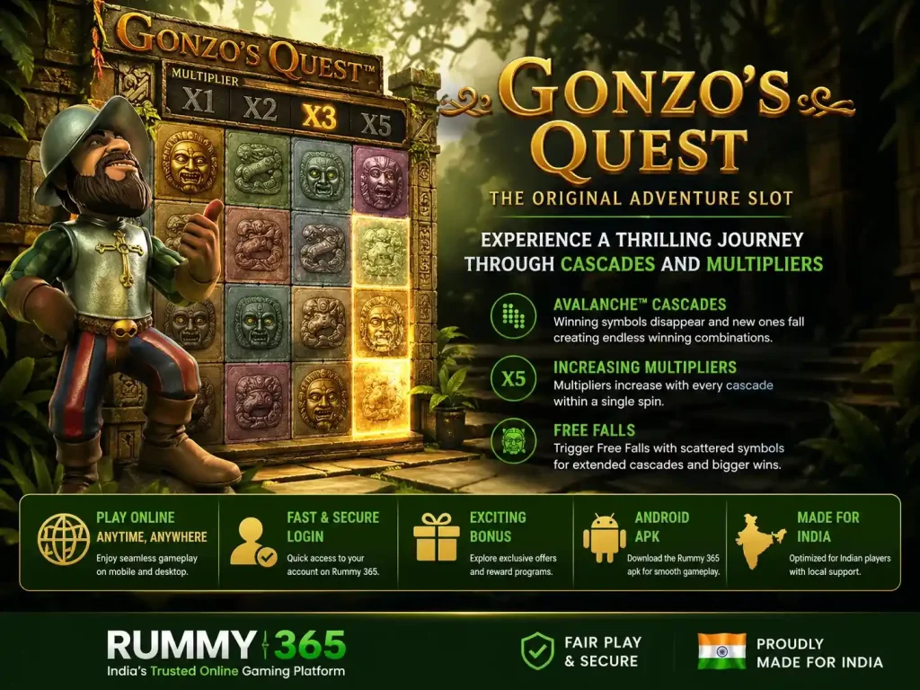 Gonzo’s Quest slot banner for Rummy 365 India featuring jungle temple theme, cascading symbols, multiplier mechanics, explorer character, and mobile gameplay interface.