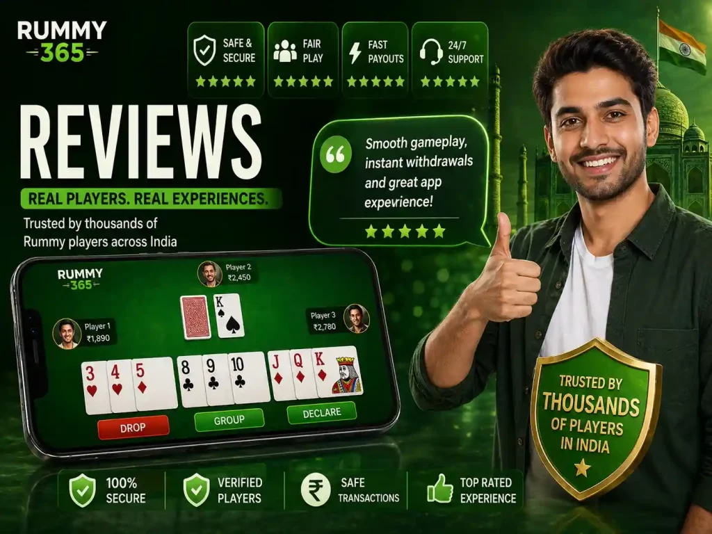Rummy 365 reviews image with green theme, Indian player, smartphone rummy game interface, rating stars, secure platform icons, user feedback cards, 4:3