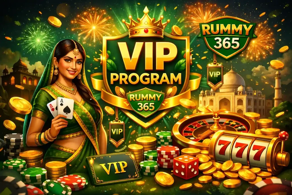 Rummy 365 VIP Program illustration featuring gold coins, green poker chips, roulette wheel, slot machine and premium India-inspired casino visuals in a rich green and gold design.