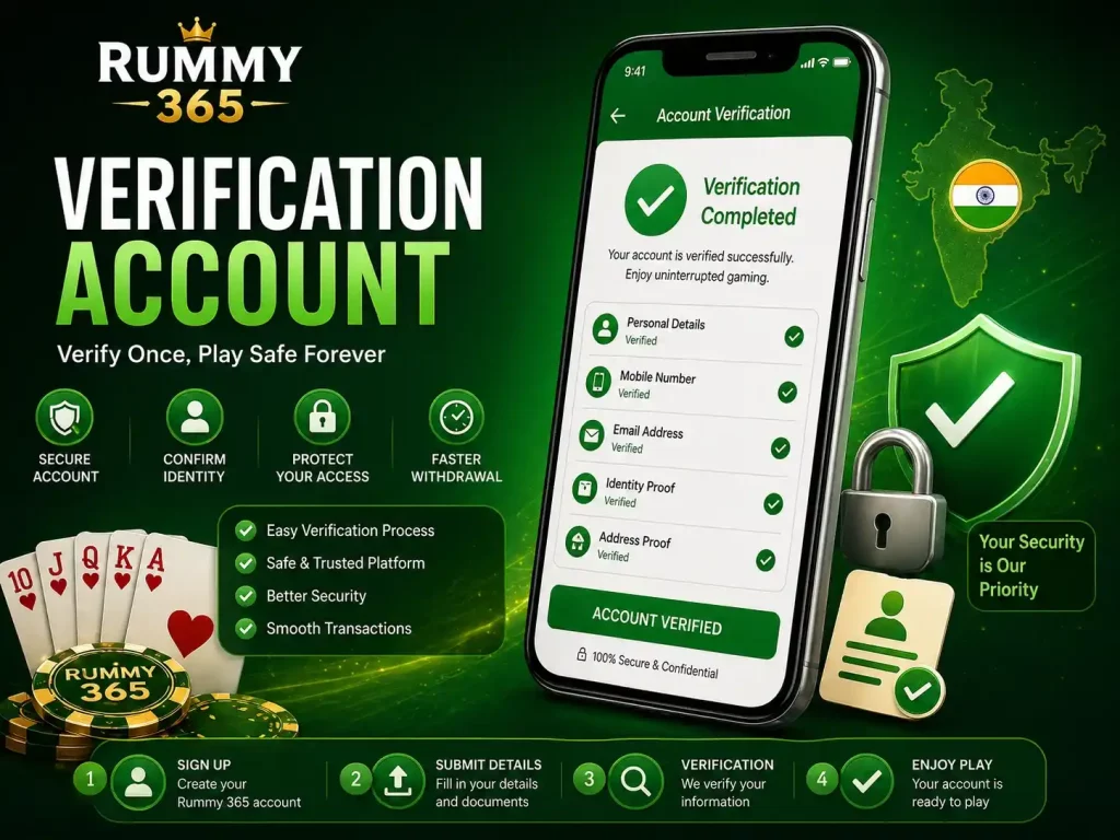 Rummy 365 verification account banner featuring mobile account approval screen, security shield, lock icon, Indian map, playing cards, and green trusted verification theme.