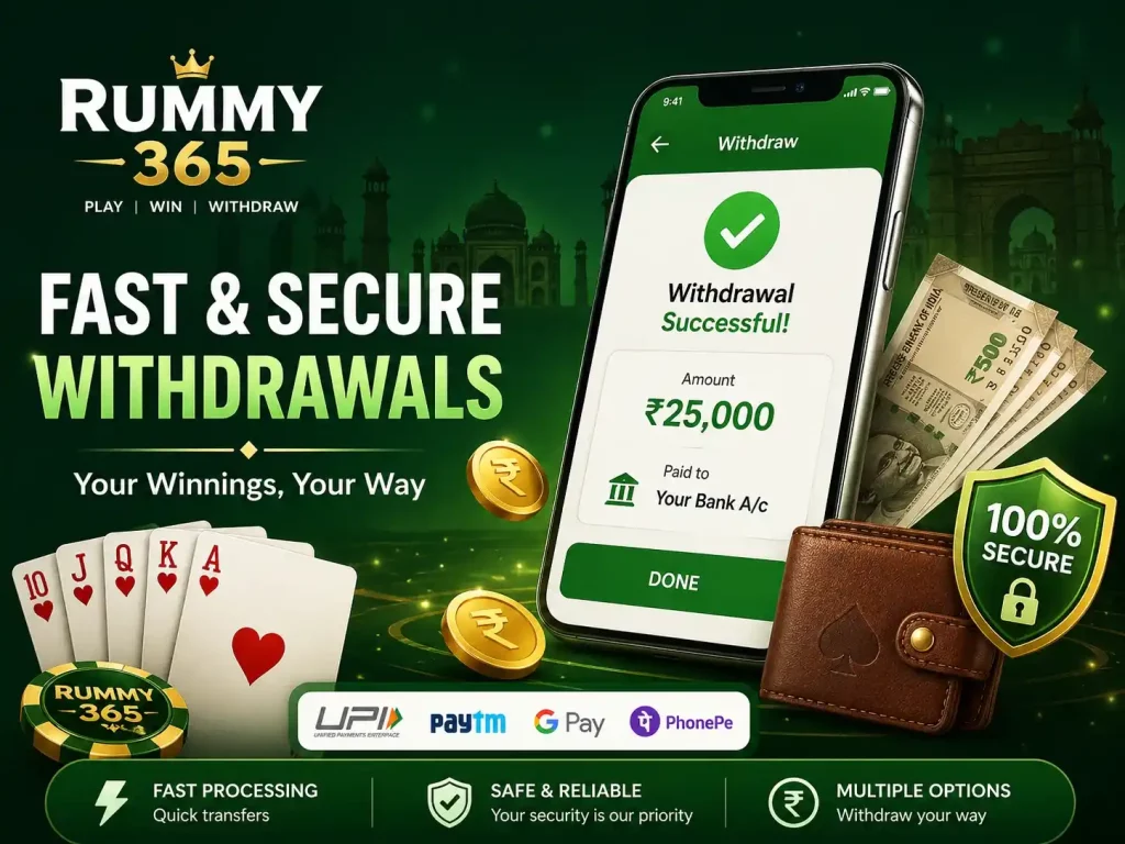 Rummy 365 withdrawal banner featuring mobile payout screen, Indian rupee cash, playing cards, secure payment icons, and fast withdrawal concept in green theme.