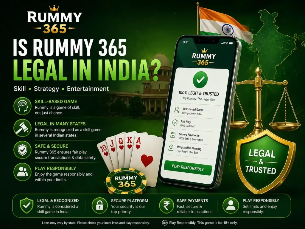 Rummy 365 legal in India banner featuring mobile app screen, Indian flag, map of India, legal scales, secure shield, playing cards, and responsible gaming theme.