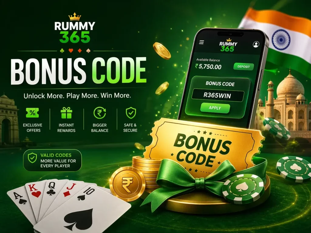 Rummy 365 Bonus Code promotion for India showing mobile app interface, playing cards, coins and green-themed gaming scene with bonus ticket and rewards