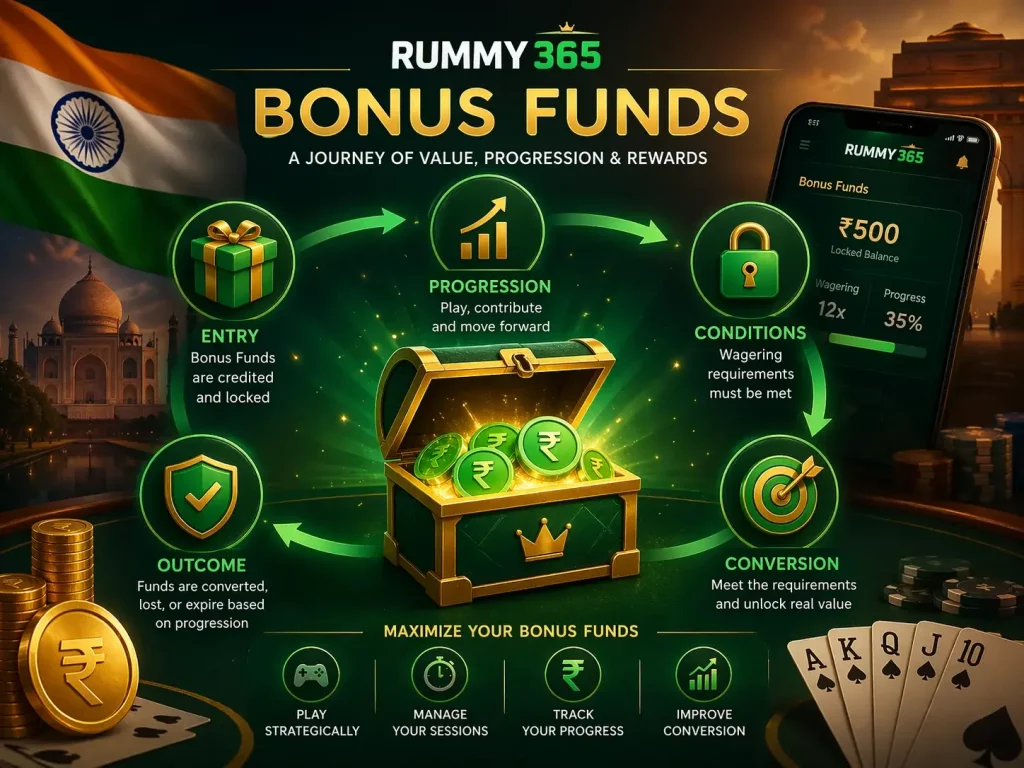 Rummy 365 Bonus Funds India infographic showing progression cycle with coins, treasure chest, playing cards, and mobile app interface in green theme