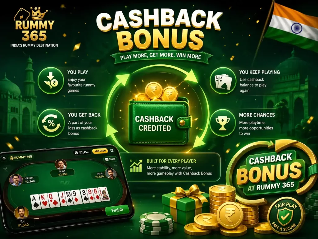 Rummy 365 Cashback Bonus India illustration showing mobile gameplay, playing cards, coins, and cashback rewards cycle with green theme and Indian elements