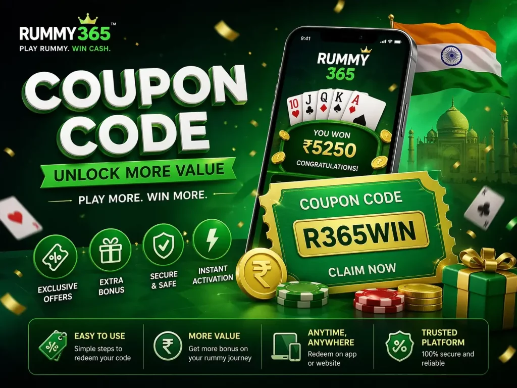 Rummy 365 Coupon Code promotional banner with green theme, smartphone showing rummy cards, Indian elements, coins, and code activation visual for unlocking extra value.