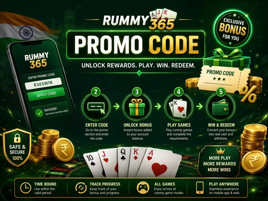Promo Code banner for Rummy 365 India featuring a mobile app screen, green reward interface, playing cards, coins, and a step-by-step bonus activation flow with a vibrant casino-style design