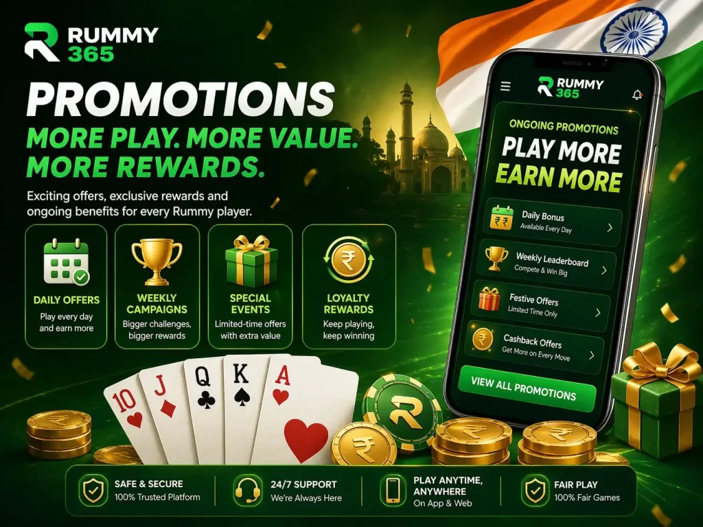 Rummy 365 Promotions banner with green theme, mobile app screen, playing cards, coins, and Indian elements highlighting daily offers, rewards, and ongoing bonuses.