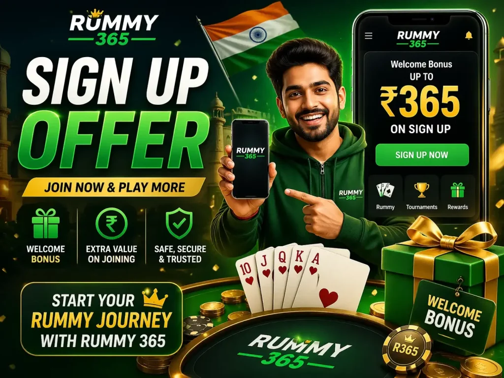 Rummy 365 Sign Up Offer banner with green theme, Indian elements, mobile app screen, playing cards, coins, and welcome bonus for new users.
