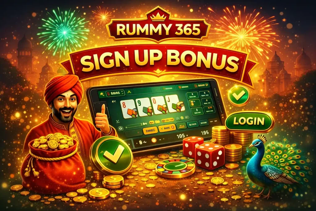 Rummy 365 sign up bonus promotional image with mobile rummy gameplay, gold coins, login button, and vibrant Indian-themed casino design