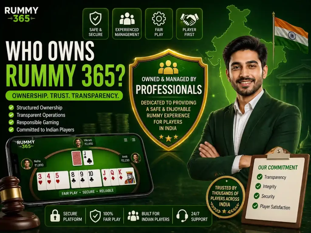 Rummy 365 ownership review image with green trust theme, Indian platform manager, smartphone rummy interface, shield icons, transparency and security concept, 4:3
