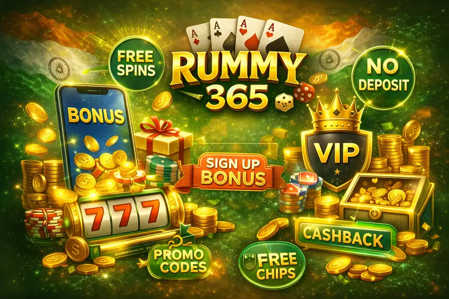 Rummy 365 bonus illustration with free chips, cashback, VIP rewards, promo codes and mobile rummy gaming in India