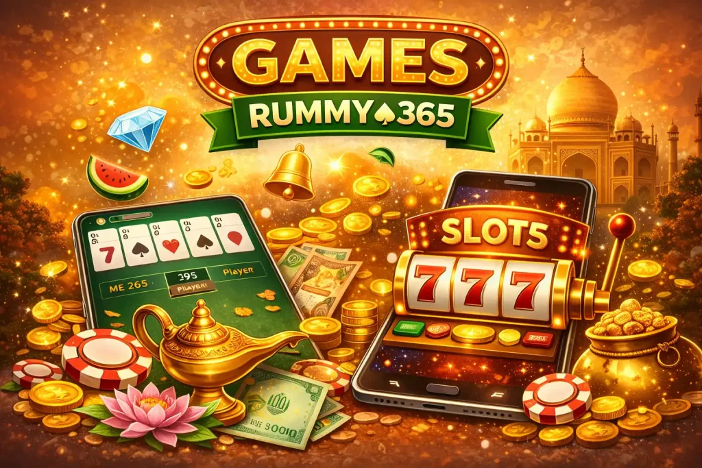 Rummy 365 games illustration with mobile rummy and slot gameplay, coins, chips, and Indian-themed elements showing online gaming experience