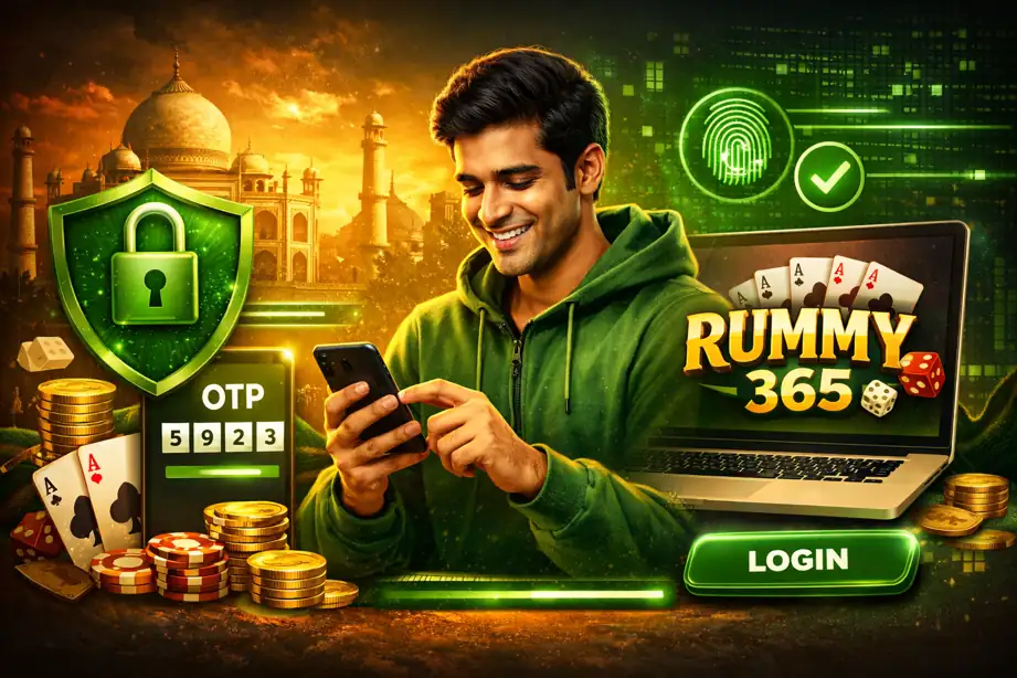 Rummy 365 login illustration with secure account access, OTP verification, playing cards, chips and mobile gaming in India