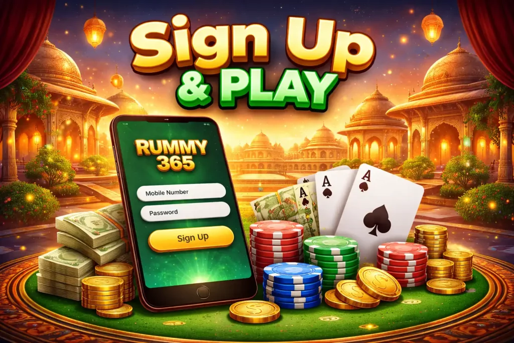 Rummy 365 sign up illustration with mobile registration screen, Indian palace background, playing cards, chips, and coins showing online rummy gameplay in India