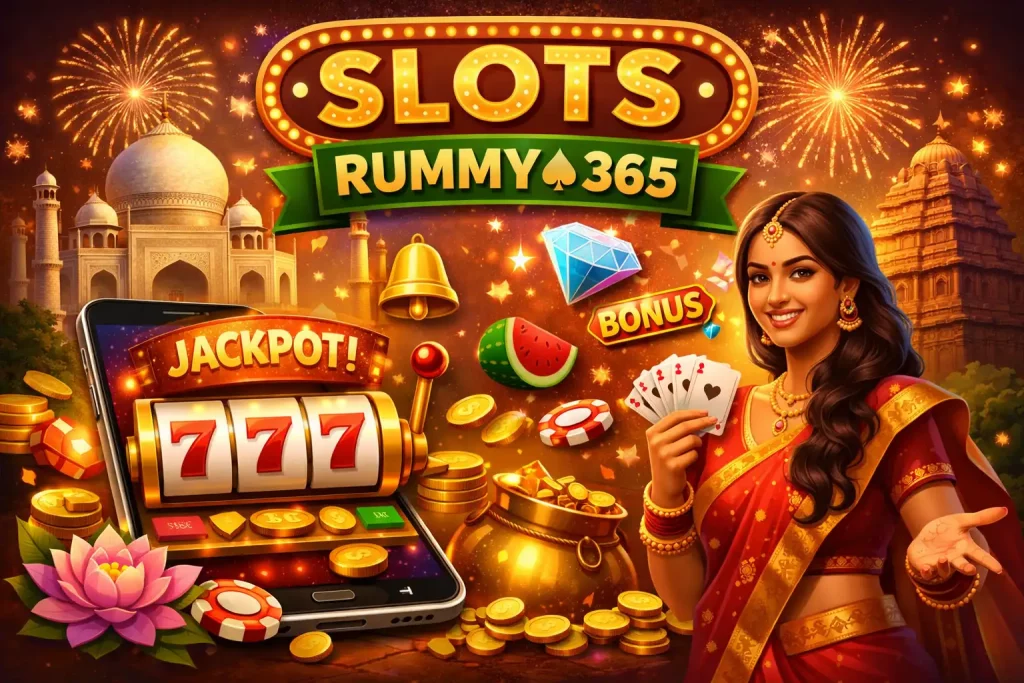 Rummy 365 slots illustration with mobile slot machine, jackpot reels, coins, chips, and Indian-themed elements showing online slot gameplay experience