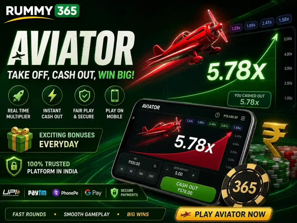 Aviator game scene for Rummy 365 India featuring flying plane, rising multiplier graph, mobile gameplay interface, and vibrant green theme