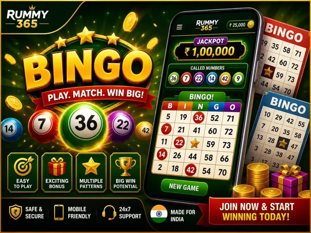 Bingo game scene for Rummy 365 India featuring colorful bingo balls, number cards, golden coins, and mobile gameplay interface with vibrant green theme