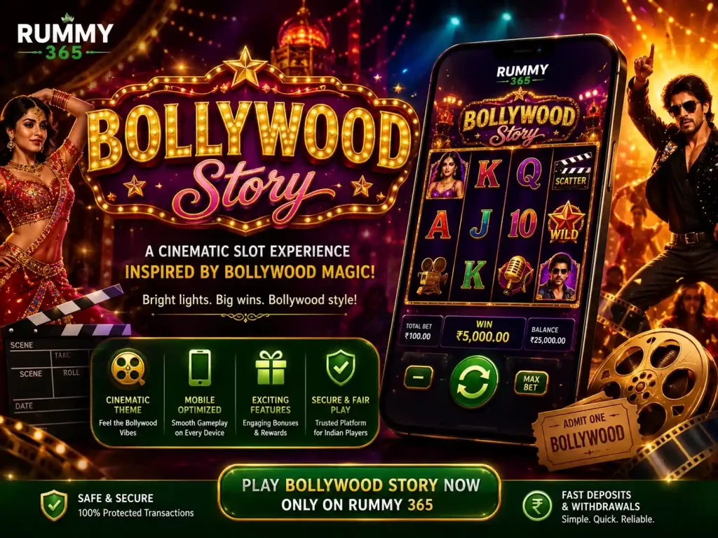 Bollywood Story slot banner for Rummy 365 featuring Bollywood dancers, glowing cinema lights, smartphone slot gameplay, gold reels, movie-themed symbols, and vibrant Indian entertainment atmosphere in 4:3 format