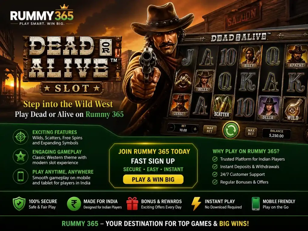 Dead or Alive slot game scene for Rummy 365 India featuring western cowboy theme, reels with symbols, golden sunset background, and mobile gameplay interface