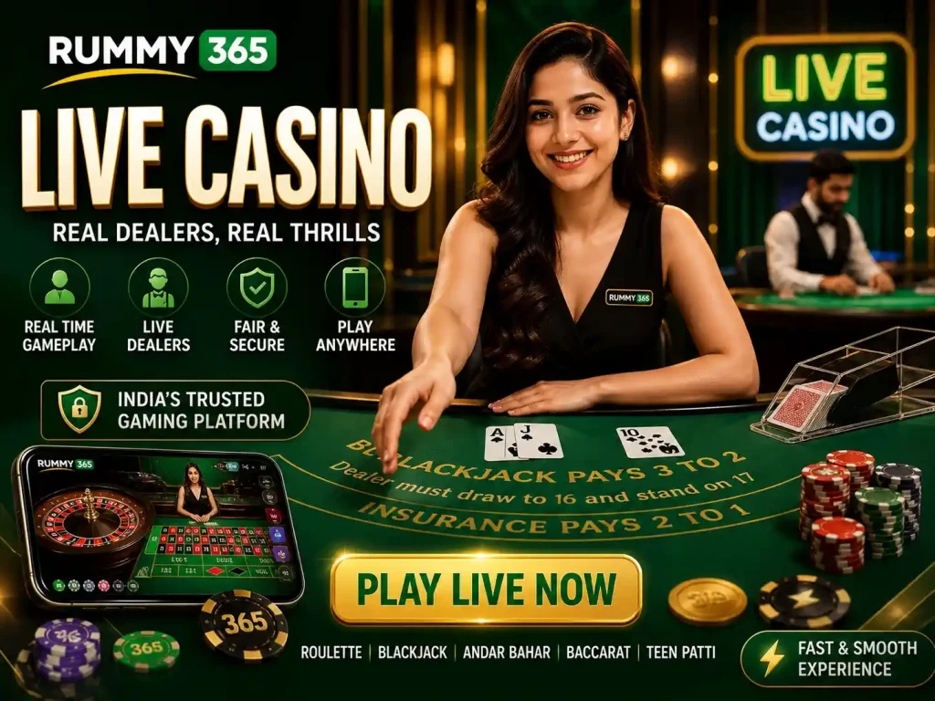Live casino scene for Rummy 365 India featuring real dealer at table, cards, chips, and mobile interface with vibrant green theme