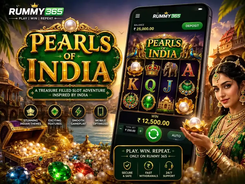 Pearls of India slot illustration for Rummy 365 featuring Indian palace scenery, glowing pearls, treasure chest, gemstones, smartphone slot interface, and luxury green-and-gold casino design in 4:3 format