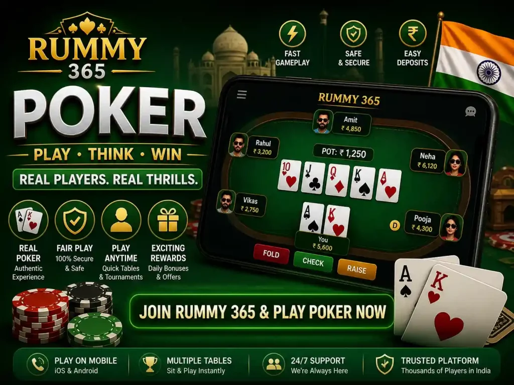 Poker game scene for Rummy 365 India showing mobile gameplay with cards, chips, players at table, and green themed interface