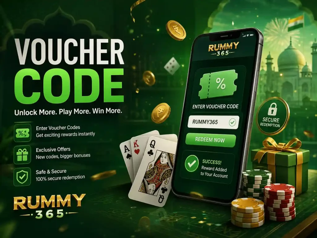 Voucher code promotion for Rummy 365 India showing mobile redemption screen, playing cards, coins, and green reward interface