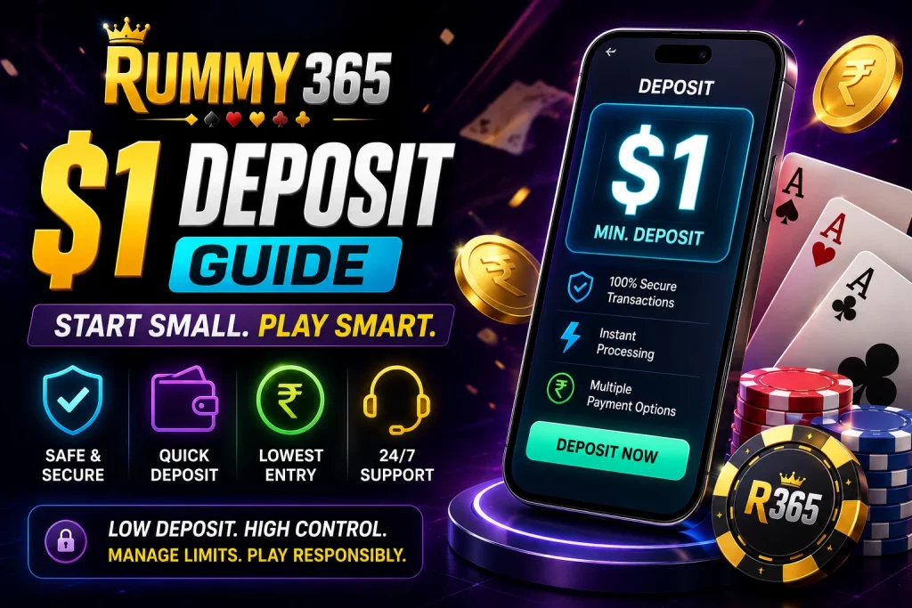 Rummy 365 $1 Deposit Guide banner with mobile deposit screen, rupee coins, secure payment icons, casino cards, chips, and bright neon purple-gold gaming design.