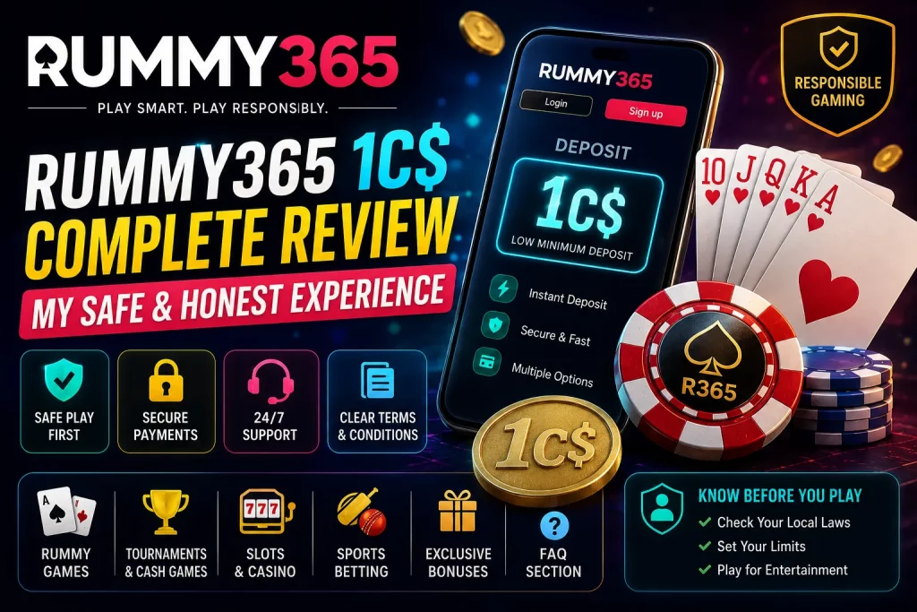Rummy365 1C$ review banner with cards, chips, phone screen, secure payments, clear terms, and responsible gaming theme.